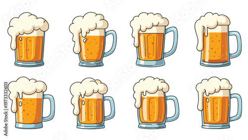 Collection of eight glasses of golden beer with thick white foam heads arranged in two rows on white background.