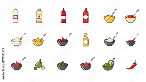 Extensive collection of condiments and sauces including ketchup mustard and mayonnaise in bottles and serving bowls.