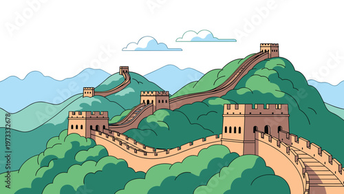 Beautiful illustration of the great wall of china winding through lush green mountains under a bright blue sky.