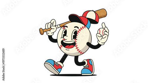 Energetic cartoon baseball mascot character with arms and legs holding a wooden bat and a small ball on plain white background.