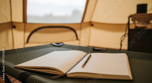 An open notebook with a pencil resting on its pages, placed on a camping cot inside a tent, ready for writing or journaling.