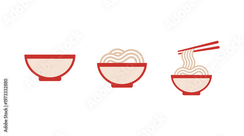 Noodle Preparation Stages: Empty Bowl, Filled Bowl, and Chopsticks Picking Noodles