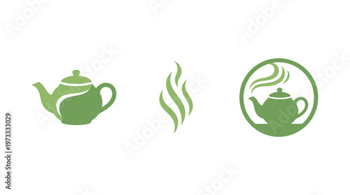 Green Tea Pot and Steam Icons - Organic Beverage and Aroma