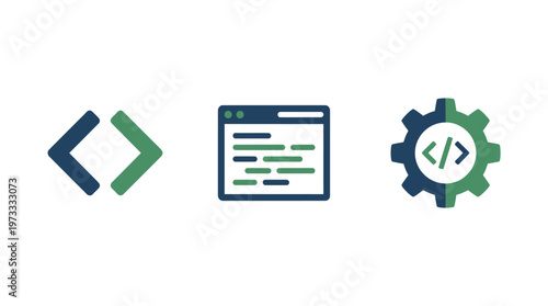 Web development icons: code symbols, browser window, gear cog with code