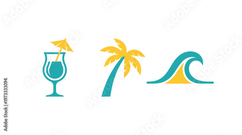 Tropical Vacation Icons: Cocktail, Palm Tree, Ocean Wave, Summer Holiday