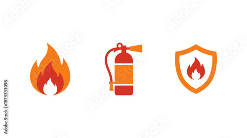 Fire Safety Icons: Flame, Extinguisher, Shield with Flame