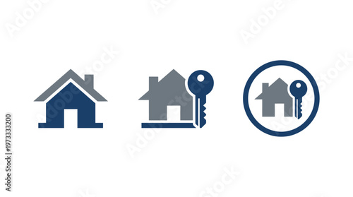 Real Estate Icons: House, Key, and House with Key in Circle
