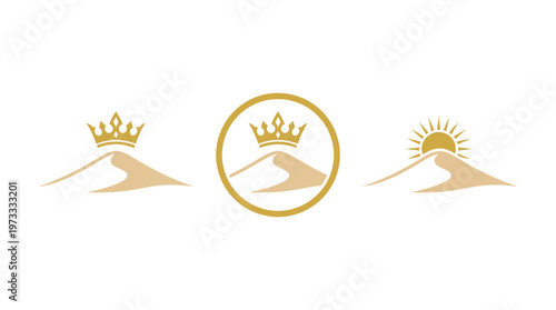 Desert Dune Logo Icons with Crown and Sun - Golden Emblem Set