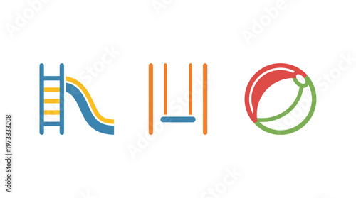 Playground icons: slide, swing, and beach ball on white background