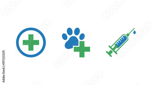 Veterinary Medicine Icons: Cross, Paw Print, Syringe | Animal Health Care