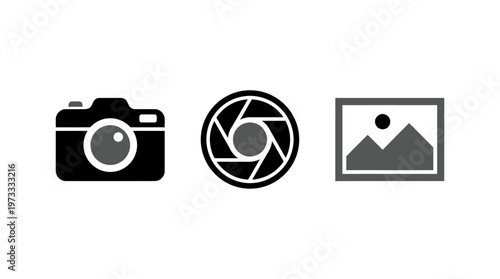 Camera, Aperture, and Picture Frame Icons Vector Graphic