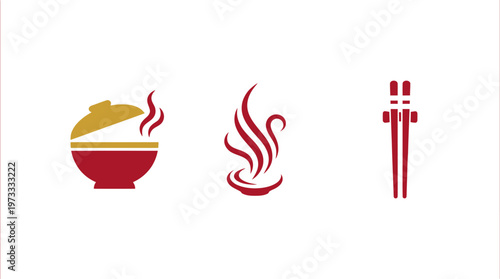 Asian food icons: steaming bowl, flame, and chopsticks on white background