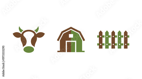 Farm Icons: Cow Head, Barn, and Fence - Rural Agriculture Concept