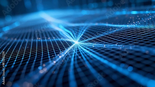 Blue digital network grid radiating from central light source