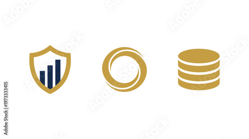 Financial Security and Investment Icons: Shield, Growth Circle, Coin Stack
