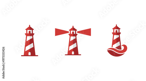 Set of Red and White Lighthouses Icons with Waves and Light Beams on White Background