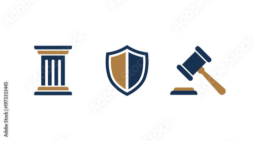Law and Justice Icons: Pillar, Shield, and Gavel on White Background