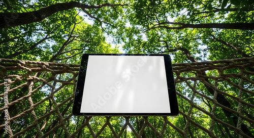 A tablet with a blank screen suspended in a rope net bridge amidst a vibrant green forest canopy, symbolizing technology in nature.