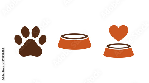 Dog Paw Print, Food Bowl, and Heart Icon - Pet Care and Love Concept