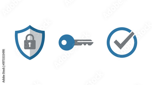 Security Shield, Key, and Checkmark Icons: Concept of Access, Protection, and Success