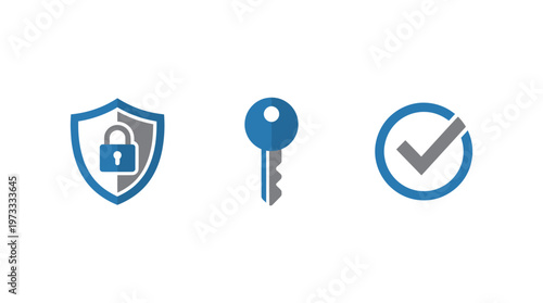 Security Icons: Shield with Lock, Key, and Checkmark - Digital Protection Concept