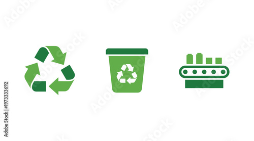 Recycling symbols, bin, and conveyor belt icons representing sustainability and industry