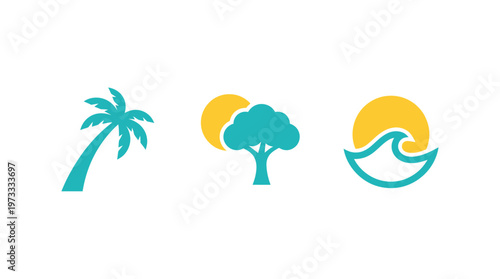 Tropical Vacation Icons: Palm Tree, Tree, Sun, Ocean Wave, Nature