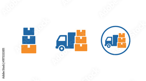 Delivery Truck with Stacked Boxes Icon Set - Logistics and Shipping Vector Graphics