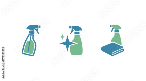 Cleaning spray bottles and cloth icons on white background
