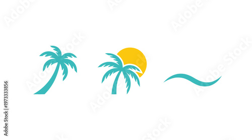 Tropical Palm Tree Sunset Wave Icon Set