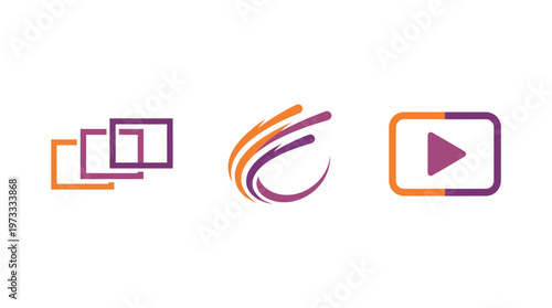 Digital Media Icons: Video Player, Abstract Swirl, and Stacked Frames