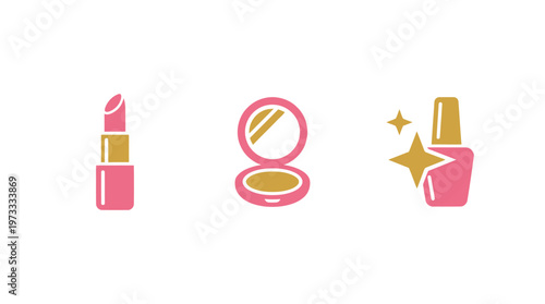 Pink and Gold Makeup Icons: Lipstick, Compact Powder, Nail Polish Set