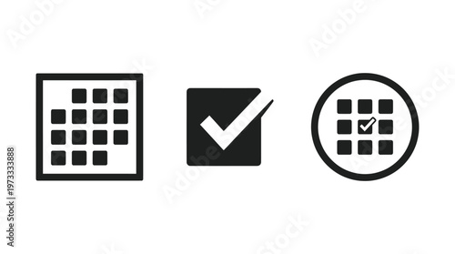 Calendar Icons: Grid, Checkmark, and Circle with Marked Day