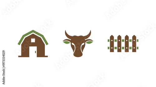 Farm Icons: Barn, Cow Head, and Fence - Agriculture and Ranching Symbols