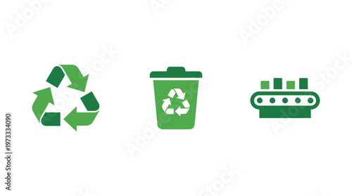 Recycling Symbols, Trash Can, and Conveyor Belt Icons