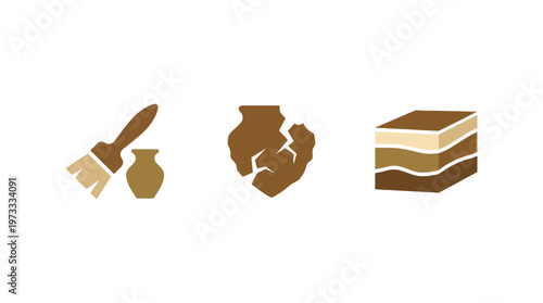 Archaeology Icons: Pottery Shard, Brush, Soil Layers, Ancient Artifact