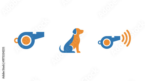 Dog Training Whistle Icon and Silhouette Set