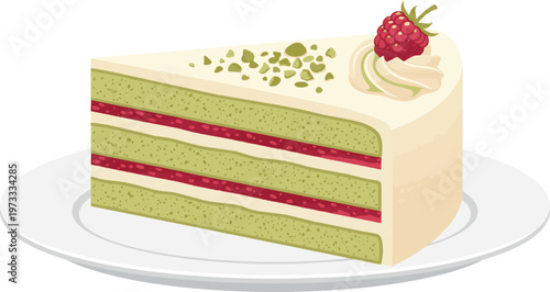 Isolated on white background.. Vector illustration of a matcha raspberry layer cake slice with white frosting on a plate