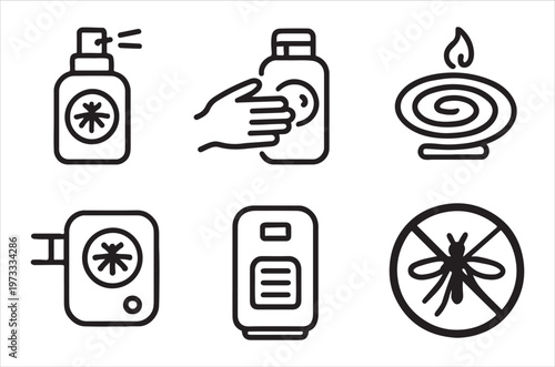 Line art icons depicting hygiene cleaning and insect repellent