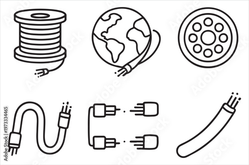Line art icons depicting communication networking and global connectivity