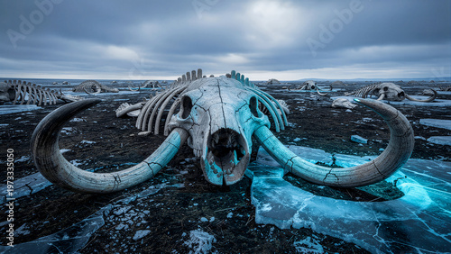 The weathered fossilized skeletal remains of a prehistoric woolly mammoth creature are showcased with intricate ivory tusks and a large bony ribcage resting upon the cold frozen ground in this