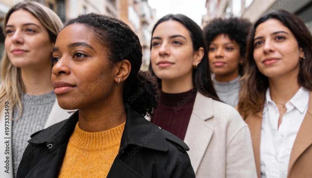 Fototapeta premium Diverse group of confident young women standing together outdoors. Multiracial female team looking forward with determined expressions. Women's empowerment and solidarity concept