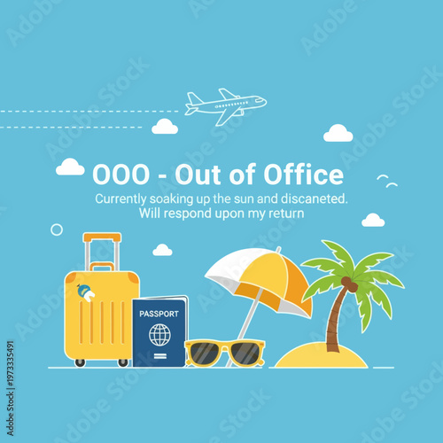 Out of Office Travel Illustration with Suitcase Passport and Plane