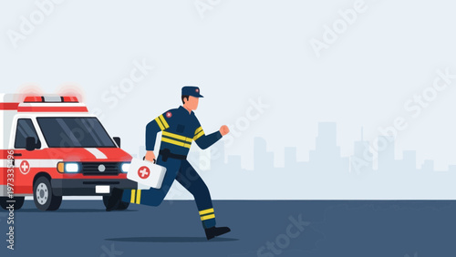 Paramedic Rushing with Medical Bag Near Ambulance