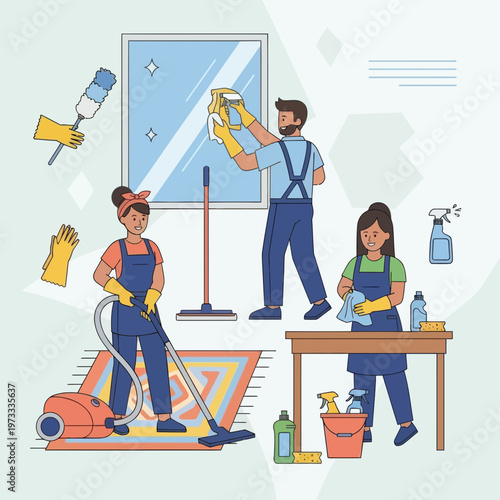 Professional Cleaning Team Working Together in a Home