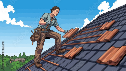 Skilled Roofer Installing Terracotta Tiles on a House Roof