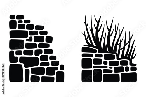 Silhouette vector of stone wall and vegetation overgrowth with brick wall