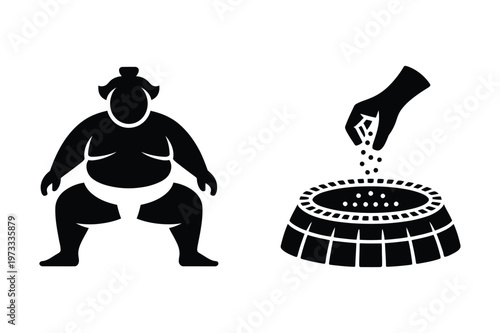 Sumo wrestler and salt throwing ceremony silhouette vector