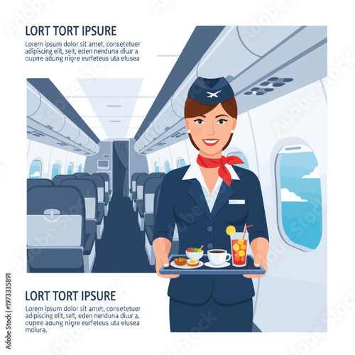 Smiling Stewardess Serving Refreshments on Airplane