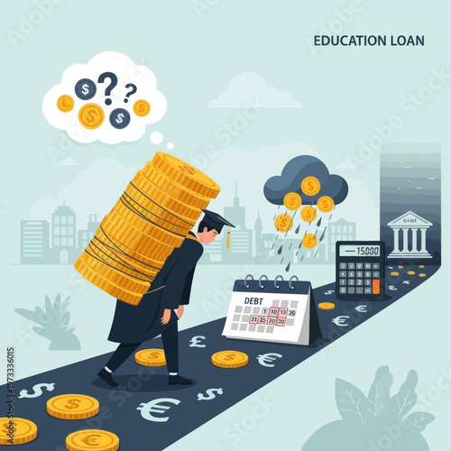 Student Carries Heavy Coin Stack for Education Loan Debt
